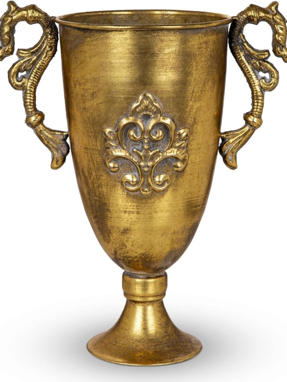 Vintage 13" Metal Vase with Floral Relief, Antique Gold Home Decor Accent